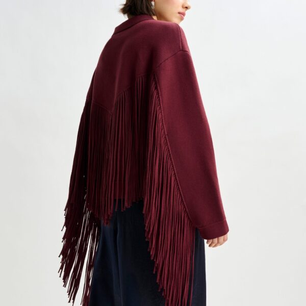 Essentiel Antwerp Burgundy cropped knitted jacket with fringe details - Essentiel Antwerp Jackets - Colorful Belgian Design - Shop at Coveti