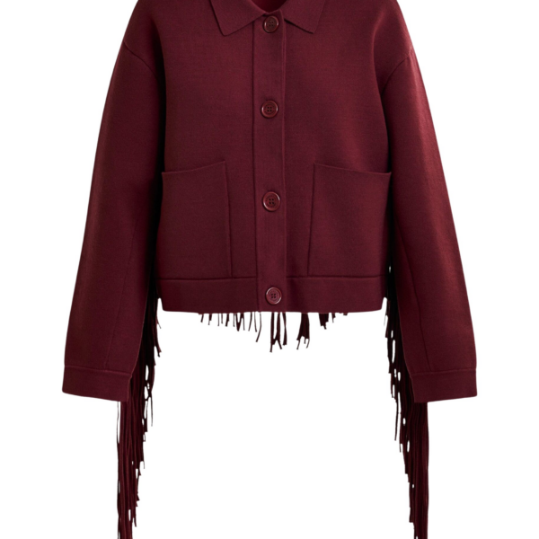 Essentiel Antwerp Burgundy cropped knitted jacket with fringe details - Essentiel Antwerp Jackets - Colorful Belgian Design - Shop at Coveti