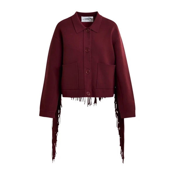 Essentiel Antwerp Burgundy cropped knitted jacket with fringe details - Essentiel Antwerp Jackets - Colorful Belgian Design - Shop at Coveti