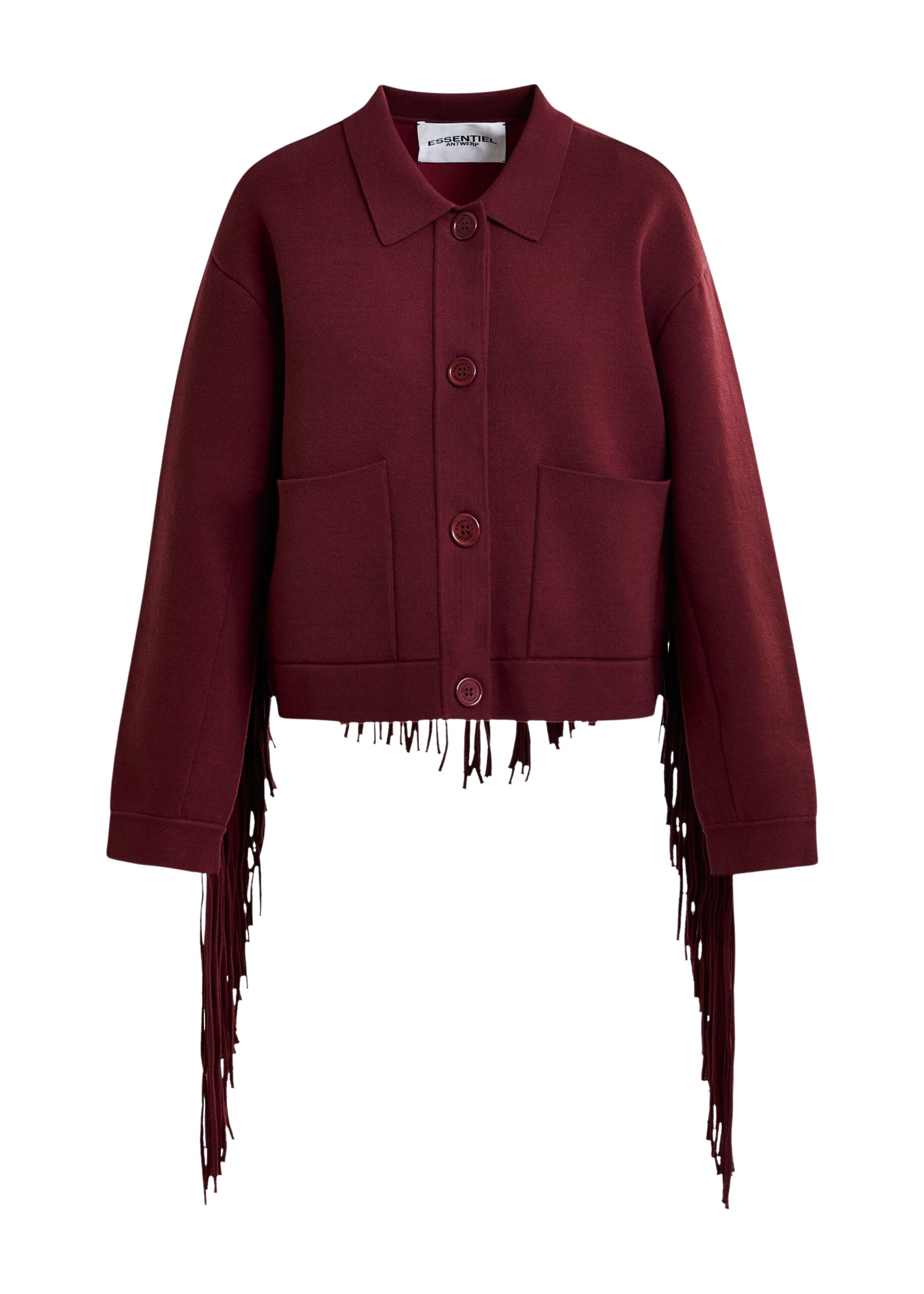 Essentiel Antwerp Burgundy cropped knitted jacket with fringe details