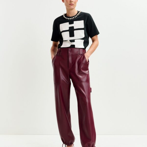 Essentiel Antwerp Burgundy faux leather tapered cargo pants - Essentiel Antwerp Pants - Colorful Belgian Design - Shop at Coveti