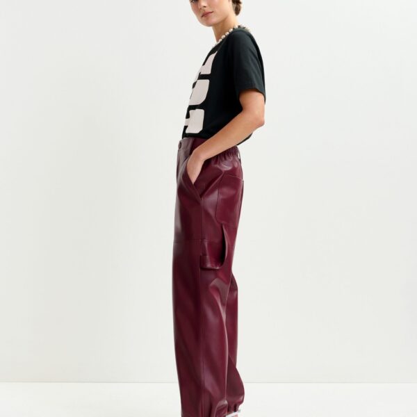 Essentiel Antwerp Burgundy faux leather tapered cargo pants - Essentiel Antwerp Pants - Colorful Belgian Design - Shop at Coveti