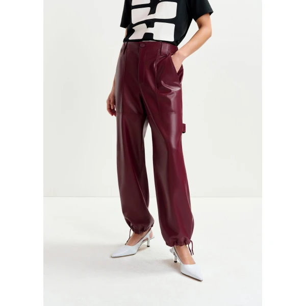 Essentiel Antwerp Burgundy faux leather tapered cargo pants, view 4