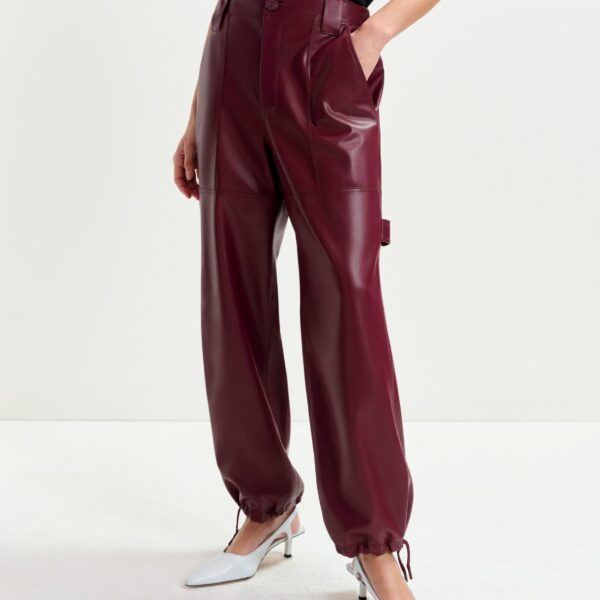 Essentiel Antwerp Burgundy faux leather tapered cargo pants - Essentiel Antwerp Pants - Colorful Belgian Design - Shop at Coveti