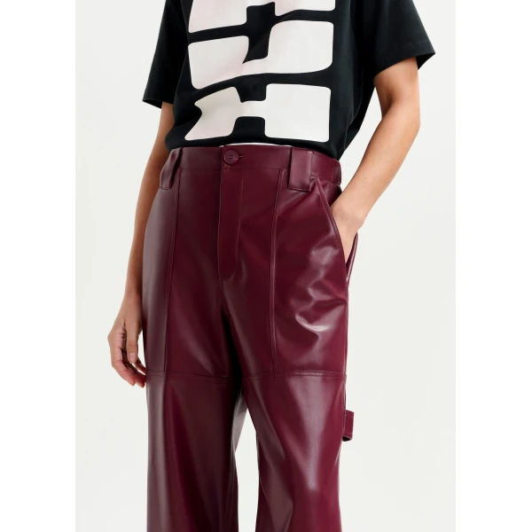 Essentiel Antwerp Burgundy faux leather tapered cargo pants, view 5