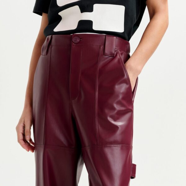 Essentiel Antwerp Burgundy faux leather tapered cargo pants - Essentiel Antwerp Pants - Colorful Belgian Design - Shop at Coveti