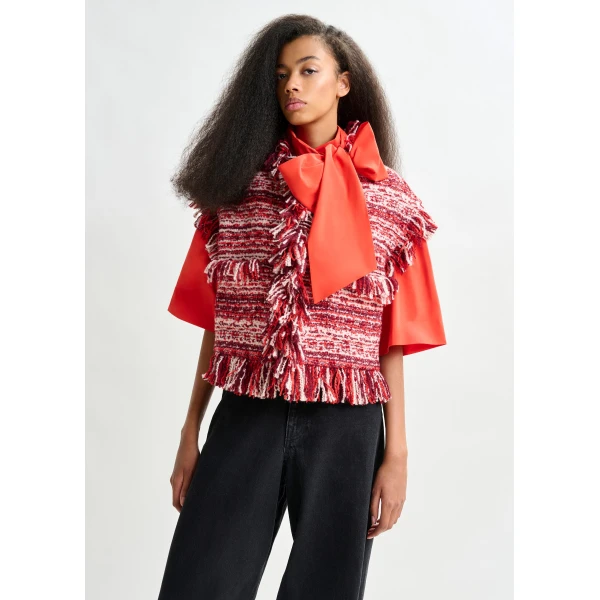 Essentiel Antwerp Burgundy, red and white cropped sleeveless fringed wool-blend bouclé jacket, view 2
