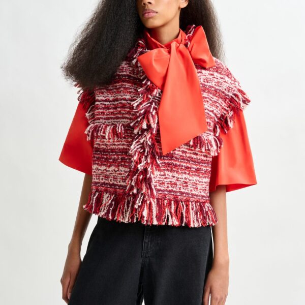 red and white cropped sleeveless fringed wool-blend bouclé jacket - Essentiel Antwerp Jackets - Colorful Belgian Design - Shop at Coveti