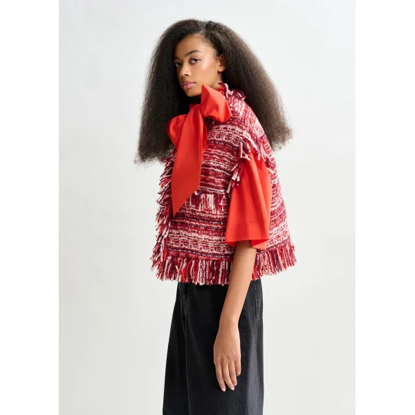 Essentiel Antwerp Burgundy, red and white cropped sleeveless fringed wool-blend bouclé jacket, view 3