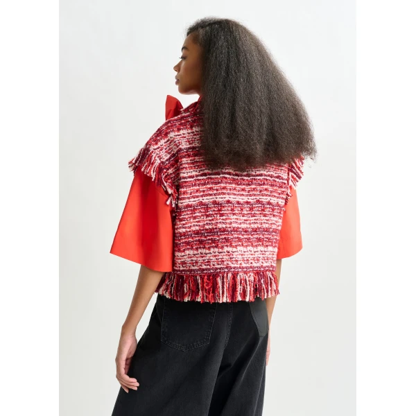 Essentiel Antwerp Burgundy, red and white cropped sleeveless fringed wool-blend bouclé jacket, view 4