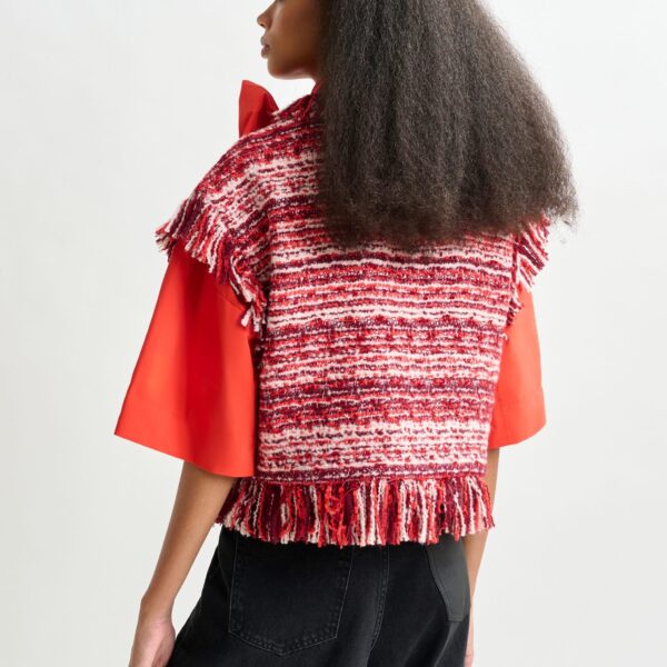 red and white cropped sleeveless fringed wool-blend bouclé jacket - Essentiel Antwerp Jackets - Colorful Belgian Design - Shop at Coveti