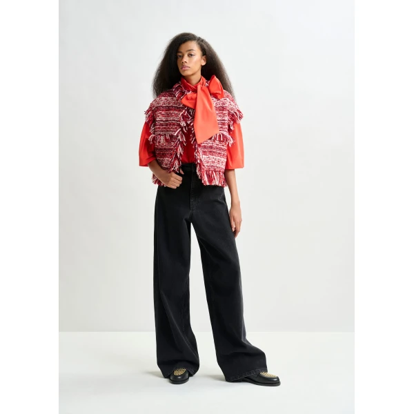 Essentiel Antwerp Burgundy, red and white cropped sleeveless fringed wool-blend bouclé jacket, view 5