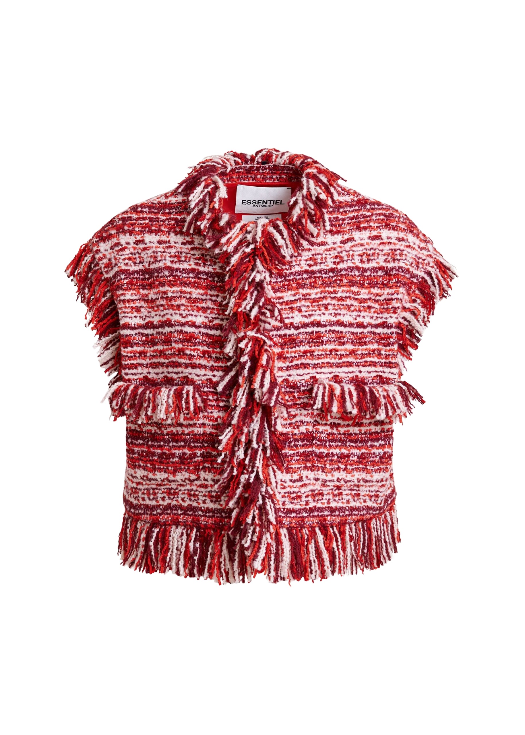 Essentiel Antwerp Burgundy, red and white cropped sleeveless fringed wool-blend bouclé jacket