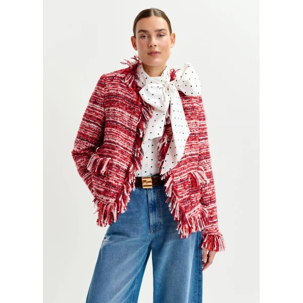 Essentiel Antwerp Burgundy, red and white fringed wool-blend bouclé jacket, view 2