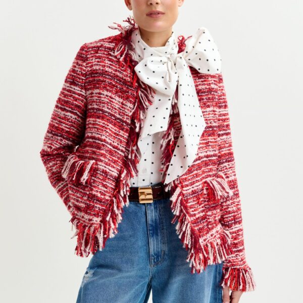 red and white fringed wool-blend bouclé jacket - Essentiel Antwerp Jackets - Colorful Belgian Design - Shop at Coveti