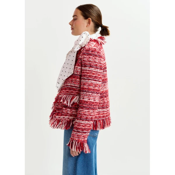 Essentiel Antwerp Burgundy, red and white fringed wool-blend bouclé jacket, view 3