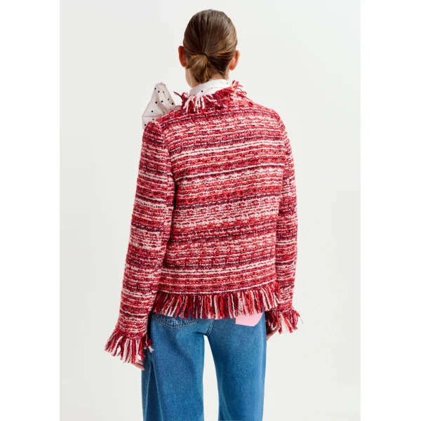 Essentiel Antwerp Burgundy, red and white fringed wool-blend bouclé jacket, view 4