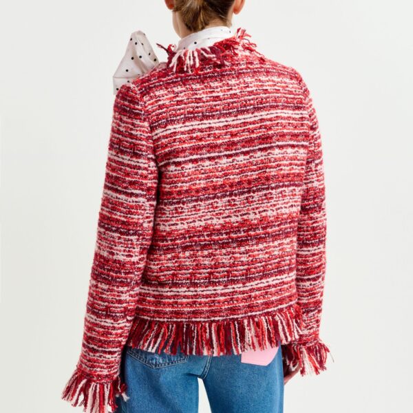 red and white fringed wool-blend bouclé jacket - Essentiel Antwerp Jackets - Colorful Belgian Design - Shop at Coveti