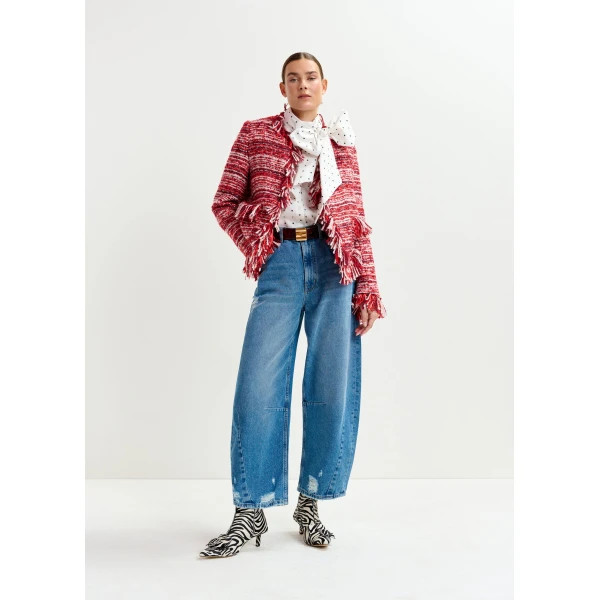Essentiel Antwerp Burgundy, red and white fringed wool-blend bouclé jacket, view 5