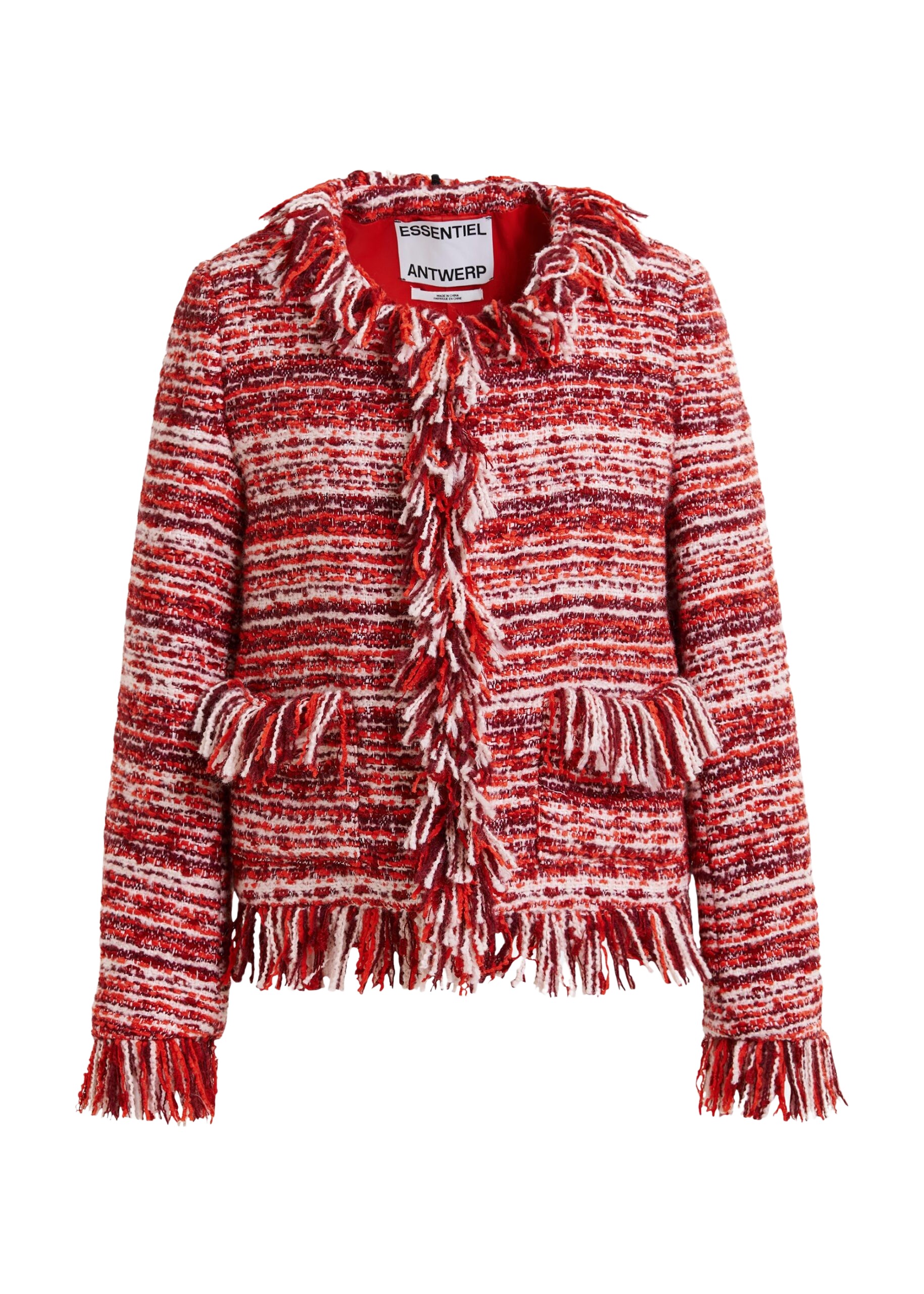 Essentiel Antwerp Burgundy, red and white fringed wool-blend bouclé jacket