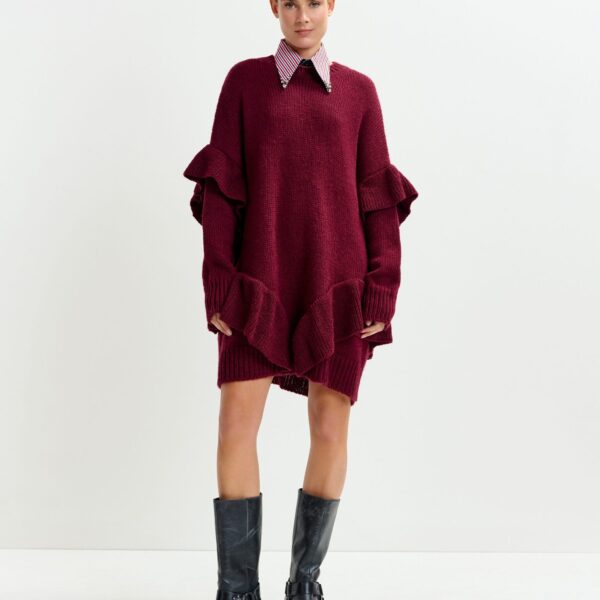 Essentiel Antwerp Burgundy ruffled wool-blend knit mini dress - Essentiel Antwerp Dresses - Colorful Belgian Design - Shop at Coveti