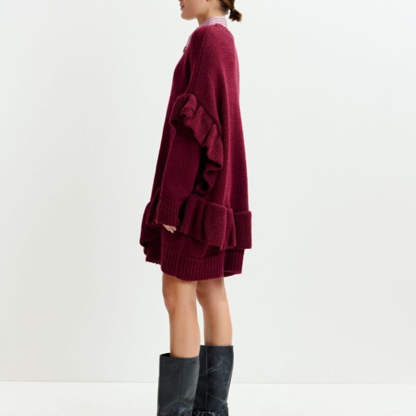 Essentiel Antwerp Burgundy ruffled wool-blend knit mini dress - Essentiel Antwerp Dresses - Colorful Belgian Design - Shop at Coveti