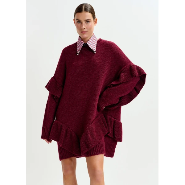 Essentiel Antwerp Burgundy ruffled wool-blend knit mini dress, view 5