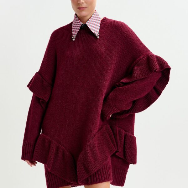 Essentiel Antwerp Burgundy ruffled wool-blend knit mini dress - Essentiel Antwerp Dresses - Colorful Belgian Design - Shop at Coveti