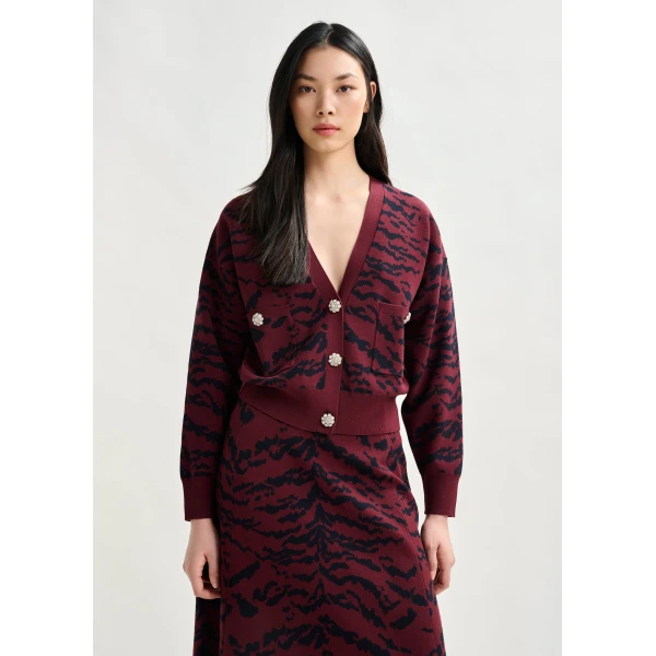 Essentiel Antwerp Burgundy tiger-print cardigan with rhinestone encrushed buttons, view 2