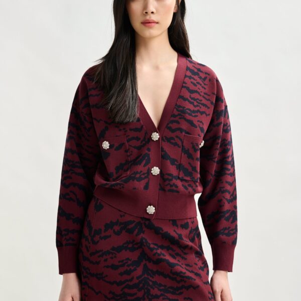 Essentiel Antwerp Burgundy tiger-print cardigan with rhinestone encrushed buttons - Essentiel Antwerp Knitwear - Colorful Belgian Design - Shop at Coveti