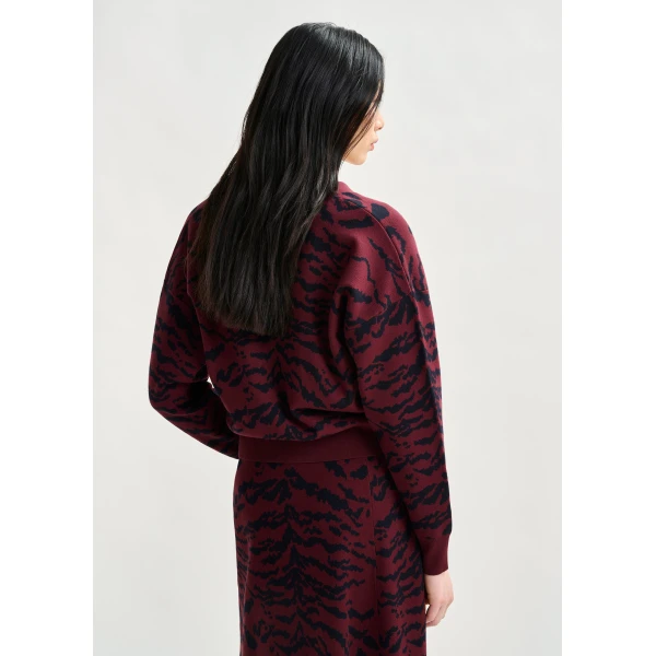 Essentiel Antwerp Burgundy tiger-print cardigan with rhinestone encrushed buttons, view 3