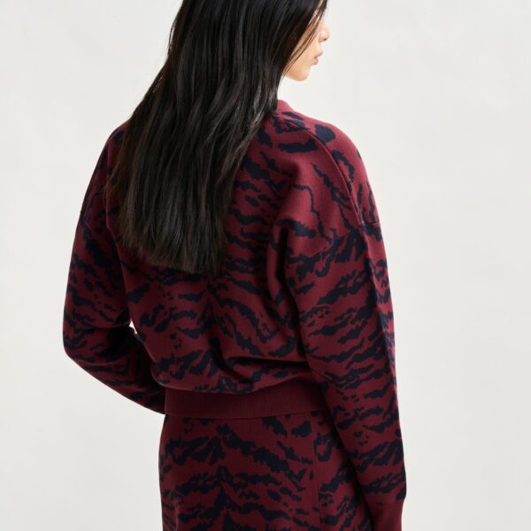 Essentiel Antwerp Burgundy tiger-print cardigan with rhinestone encrushed buttons - Essentiel Antwerp Knitwear - Colorful Belgian Design - Shop at Coveti
