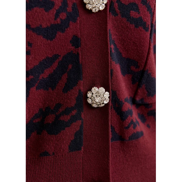 Essentiel Antwerp Burgundy tiger-print cardigan with rhinestone encrushed buttons, view 4