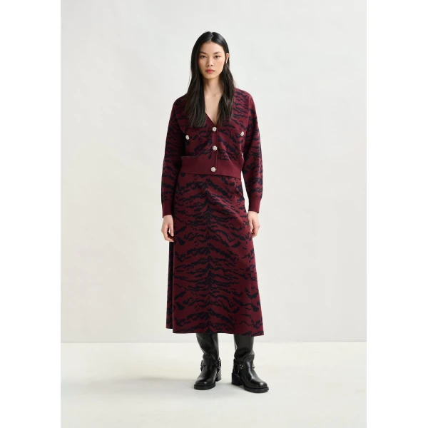 Essentiel Antwerp Burgundy tiger-print cardigan with rhinestone encrushed buttons, view 5