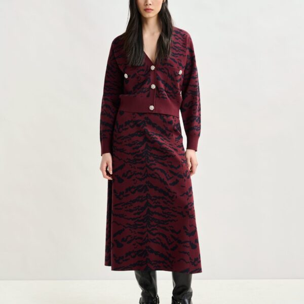 Essentiel Antwerp Burgundy tiger-print cardigan with rhinestone encrushed buttons - Essentiel Antwerp Knitwear - Colorful Belgian Design - Shop at Coveti