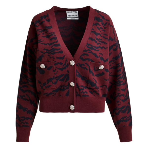 Essentiel Antwerp Burgundy tiger-print cardigan with rhinestone encrushed buttons - Essentiel Antwerp Knitwear - Colorful Belgian Design - Shop at Coveti