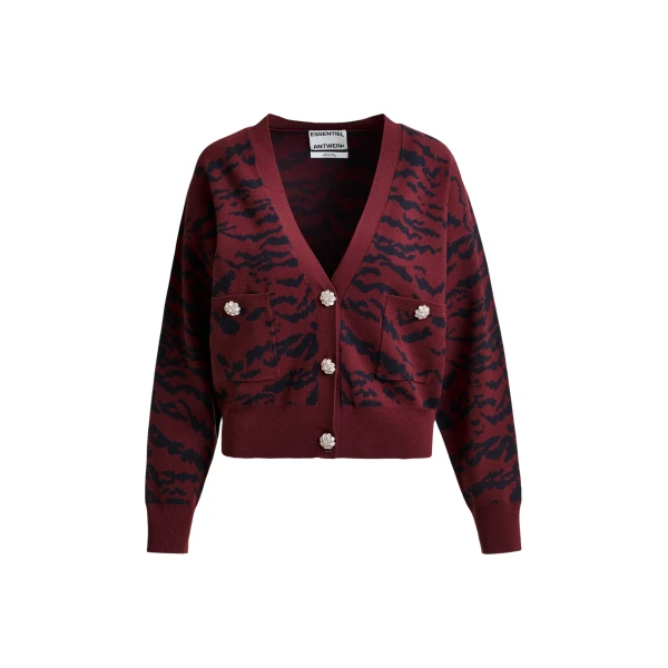 Essentiel Antwerp Burgundy tiger-print cardigan with rhinestone encrushed buttons - Essentiel Antwerp Knitwear - Colorful Belgian Design - Shop at Coveti