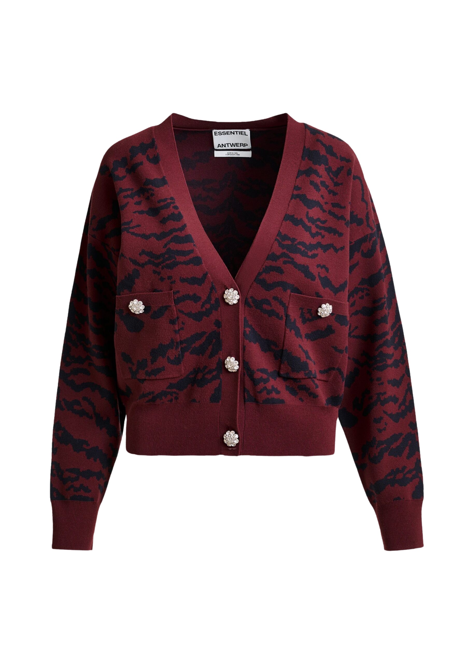 Essentiel Antwerp Burgundy tiger-print cardigan with rhinestone encrushed buttons - Essentiel Antwerp Knitwear - Colorful Belgian Design - Shop at Coveti