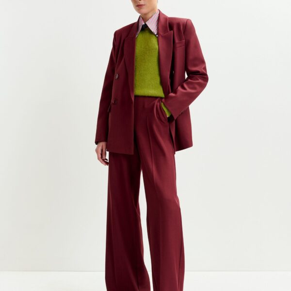 Essentiel Antwerp Burgundy wide-leg pants with pressed crease - Essentiel Antwerp Pants - Colorful Belgian Design - Shop at Coveti