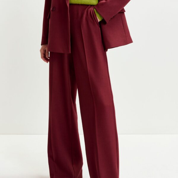 Essentiel Antwerp Burgundy wide-leg pants with pressed crease - Essentiel Antwerp Pants - Colorful Belgian Design - Shop at Coveti