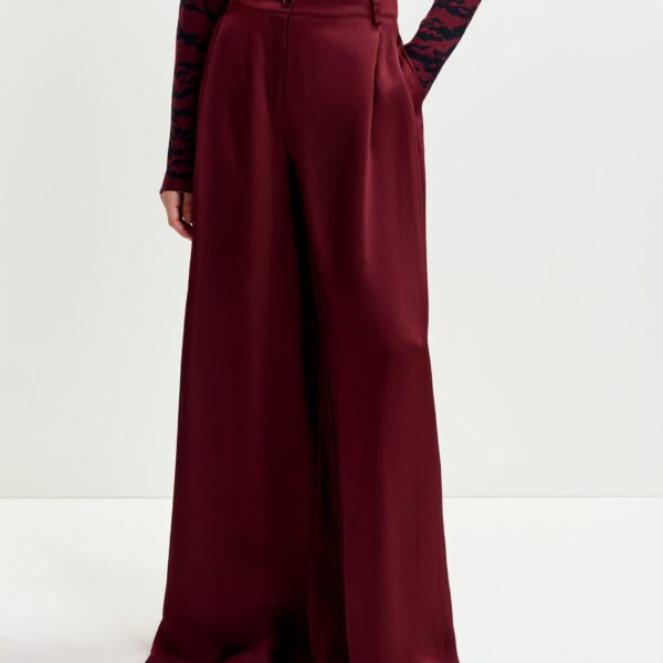 Essentiel Antwerp Burgundy wide-leg satin pants - Essentiel Antwerp Pants - Colorful Belgian Design - Shop at Coveti