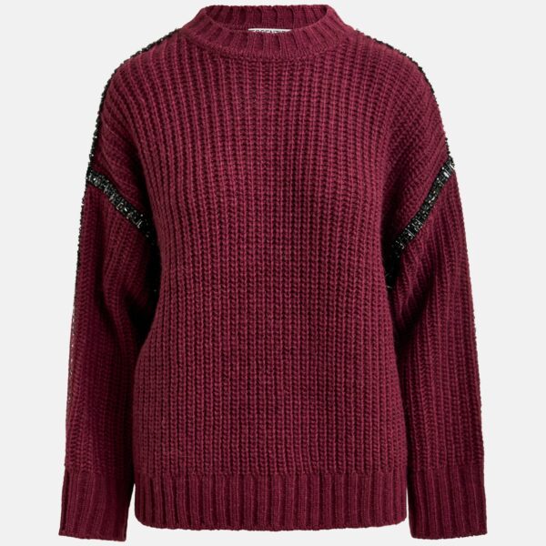 Essentiel Antwerp Burgundy wool-blend turtleneck with detachable collar and rhinestone embellishments - Essentiel Antwerp Knitwear - Colorful Belgian Design - Shop at Coveti