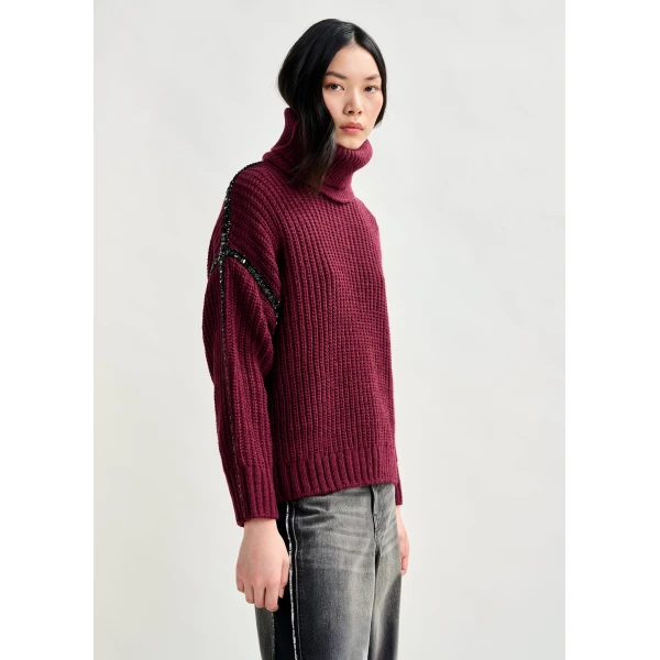 Essentiel Antwerp Burgundy wool-blend turtleneck with detachable collar and rhinestone embellishments Knit, view 3