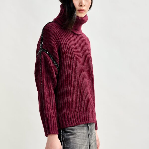 Essentiel Antwerp Burgundy wool-blend turtleneck with detachable collar and rhinestone embellishments - Essentiel Antwerp Knitwear - Colorful Belgian Design - Shop at Coveti
