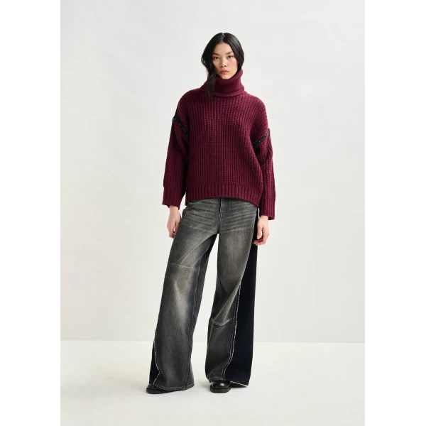 Essentiel Antwerp Burgundy wool-blend turtleneck with detachable collar and rhinestone embellishments Knit, view 4