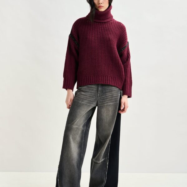 Essentiel Antwerp Burgundy wool-blend turtleneck with detachable collar and rhinestone embellishments - Essentiel Antwerp Knitwear - Colorful Belgian Design - Shop at Coveti