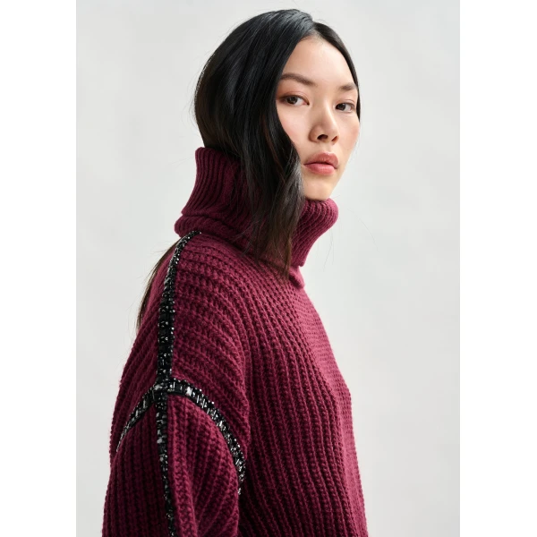 Essentiel Antwerp Burgundy wool-blend turtleneck with detachable collar and rhinestone embellishments Knit, view 5