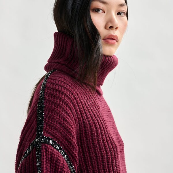 Essentiel Antwerp Burgundy wool-blend turtleneck with detachable collar and rhinestone embellishments - Essentiel Antwerp Knitwear - Colorful Belgian Design - Shop at Coveti