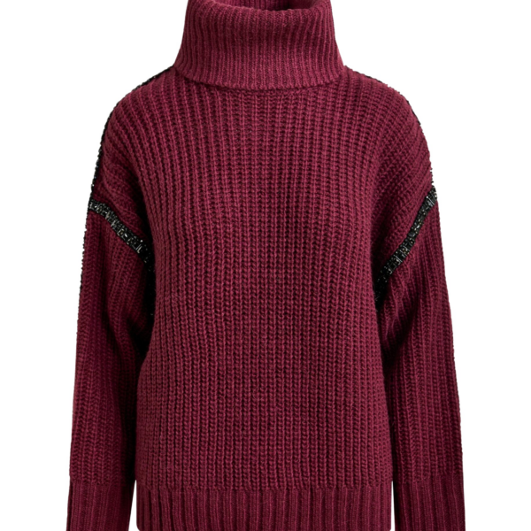 Essentiel Antwerp Burgundy wool-blend turtleneck with detachable collar and rhinestone embellishments - Essentiel Antwerp Knitwear - Colorful Belgian Design - Shop at Coveti
