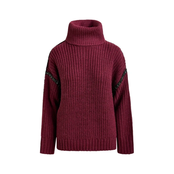 Essentiel Antwerp Burgundy wool-blend turtleneck with detachable collar and rhinestone embellishments - Essentiel Antwerp Knitwear - Colorful Belgian Design - Shop at Coveti